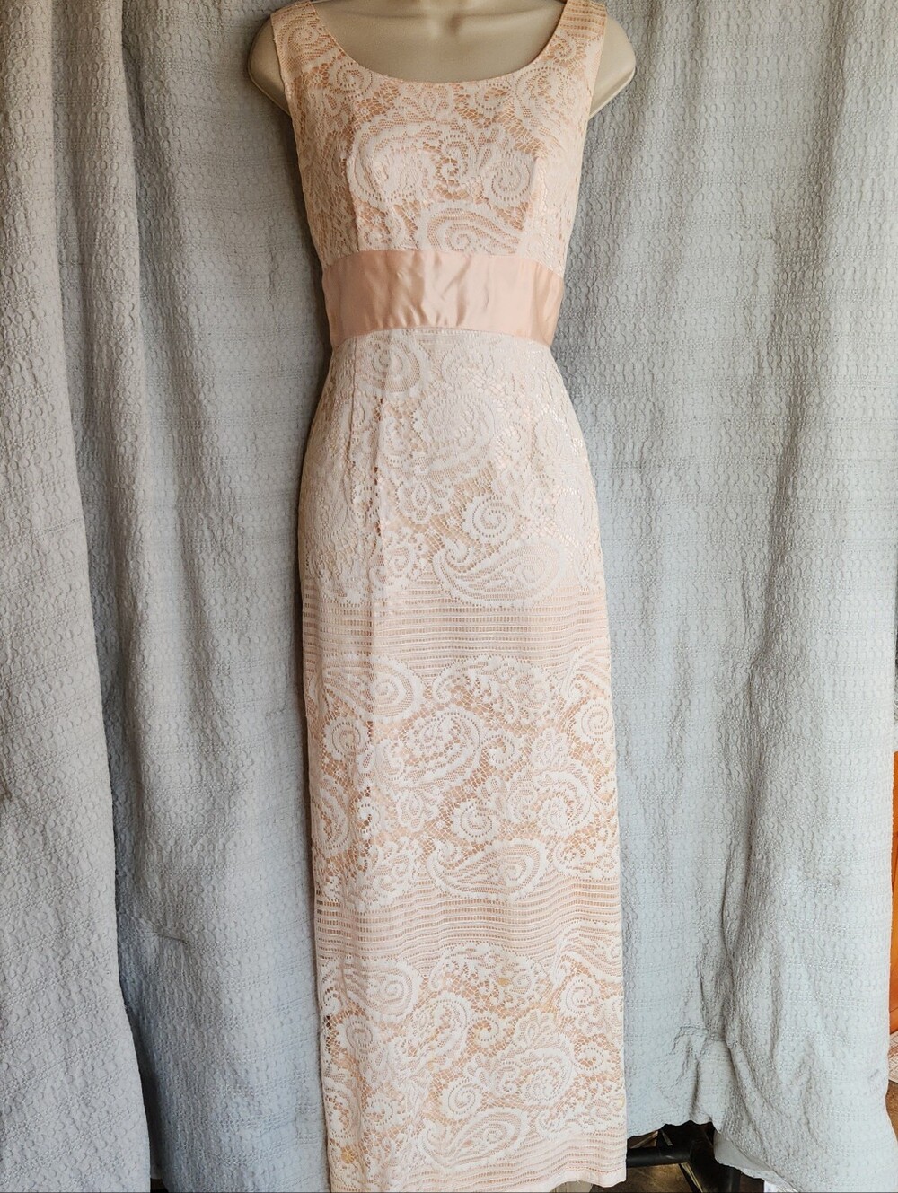 Vintage 60's Carol Brent Peach Satin Base White Lace Maxi Dress Satin Salmon S